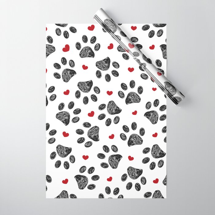 Seamless black paw print with red hearts Wrapping Paper by gulsengunel